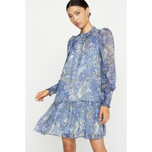 MARIE OLIVER Irena Mini Dress Size Large Silk Metallic Ruffle Smocked Boho Chic - Picture 1 of 15