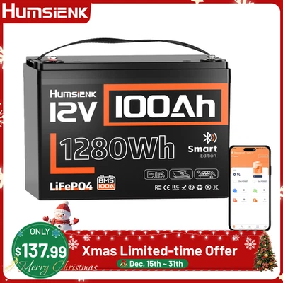Humsienk 12V 100AH LiFePO4 Lithium Battery Bluetooth monitoring Boat RV Off-grid