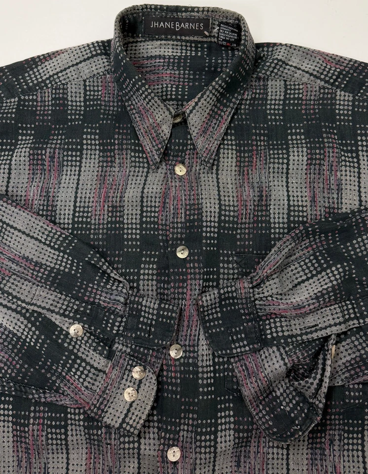 Camisa De Colección Jhane Barnes Hombres Grande Ikat Punto Rayas Negra Gris Algodón Preppy Foto 1 de 4