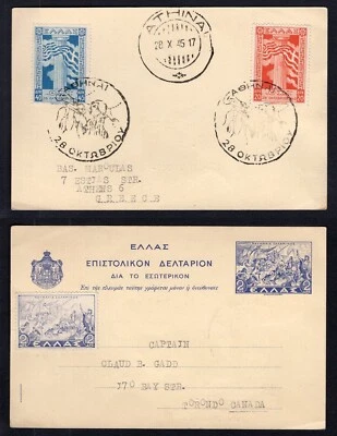 GREECE 1945 FDC Cover on Postal Card. Column and Flag. Posted to Canada - Image 1 of 3