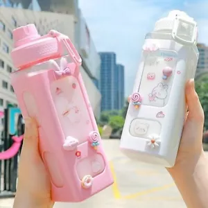 Cute Water Bottle with Lid Straw Sticker Plastic Juice Portable Kawaii Tumbler - Picture 1 of 17