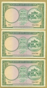 Vietnam 1956 1 Dong P. 1a, consecutive number lot of 3 notes high grade - Picture 1 of 2