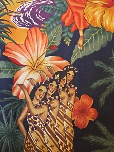 Tela hawaiana vintage fuera de stock Alexander Henry Hana Luau Hula Hibisco casi 2 yardas - Imagen 1 de 8