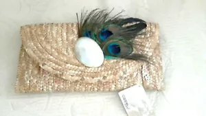 Peacock MOP Shell Bag Natural Woven Straw 12" x 6" Lined Beige 1 Zip Pocket - Picture 1 of 8