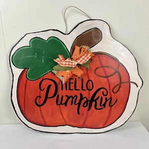 Handmade Hand Painted Fall Hello Pumpkin Door Art Door Hanger Hanging Sign 23x20 - Picture 1 of 5