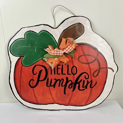 Handmade Hand Painted Fall Hello Pumpkin Door Art Door Hanger Hanging Sign 23x20 - Image 1 of 4