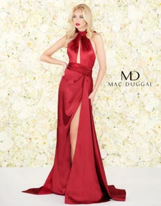 MAC DUGGAL 12089R Maxikleid Burgunderrot Criss-Cross Neckholder Cutout Satin hoher Schlitz 2 - Bild 1 von 12
