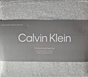 Calvin Klein King Sheet Set, White/Gray Geometric 100% Combed Sateen 300TC 4pc