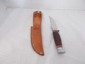 Vintage Ka-Bar 1233 Leather Blade Stacked Handle Knife  &  sheath Nice - Picture 1 of 14