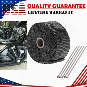 16Ft Black Fiberglass Exhaust Header Pipe Heat Wrap Insulation Tape + 5 Ties Kit - Picture 1 of 24