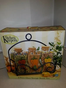 Vintage ALCO Kitchen Keepers 4 Piece Glass Storage Bottle Set w/Cobalt Blue Rack - Picture 1 of 3