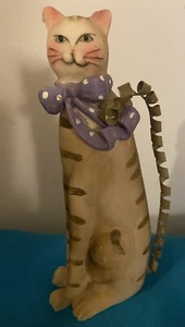 Striped Feline Cat Figurine Purple Spotted Ribbon Resin Spring Tail - Picture 1 of 12