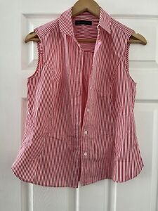 M&S LADIES RED WHITE CANDY STRIPE COTTON SLEEVELESS SHIRT TOP SIZE 10