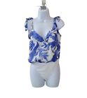 New LULU'S S Blue White Think Tropical Blue Print Tie Strap Bodysuit Women