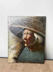 Vintage Tobacco Leaf Painting ORIGINAL Portrait Old Lady Woman Vietnam Art - Foto 1 di 10