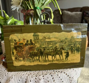 Vintage Lithographie auf Holzpest viktorianisches Pferd Buggy/Van Gogh/Menschen 9,5"" - Bild 1 von 10