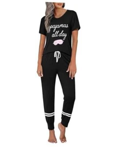 Womens Pajamas Set Short Sleeve Sleepwear Tops with Long Pants Pjs Small Black - Picture 1 of 6