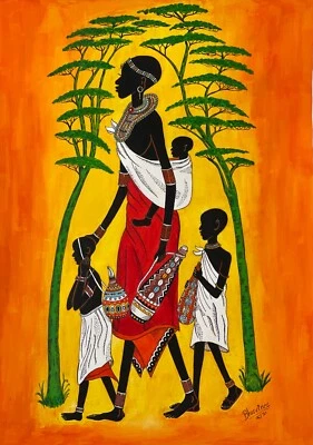 Pintura original hecha a mano de dama africana con sus hijos (Maternidad) Foto 1 de 2