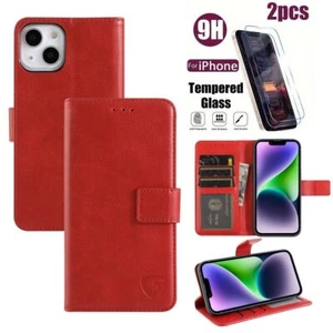 iPhone 15 Pro Max,14,13,12,11,XR,7 Leather Flip Wallet Cover + 2 Tempered Glass - Picture 1 of 49
