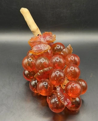 VTG  MCM Heavy Large Amber Orange Lucite Grape Cluster on Driftwood 12"x10" - Image 1 of 4
