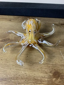 Hand Blown Art Glass Octopus Paperweight Figurine Yellow Murano Style - Picture 1 of 8