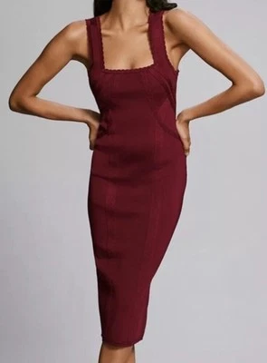 New ANTHROPOLOGIE SIREN SLIM SQUARE NECK MIDI KNIT SWEATER BODYCON DRESS WINE XL - Image 1 of 4