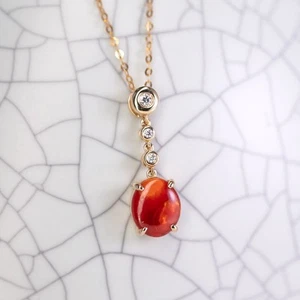 Rare Red Color Mexican Egg Fire Opal Diamond Pendant ONLY 18K Yellow Gold - Picture 1 of 9