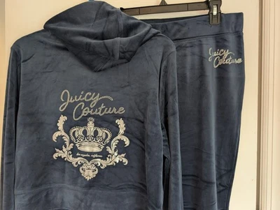 JUICY COUTURE Velour OG Bling Tracksuit Hoodie PantSet Regal Blue 👑 Crown XL - Image 1 of 4