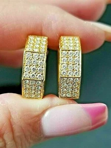 1.25 Ct Round Simulated Diamond Hoop Huggie Earrings Gift 14K Yellow Gold Finish - Picture 1 of 5