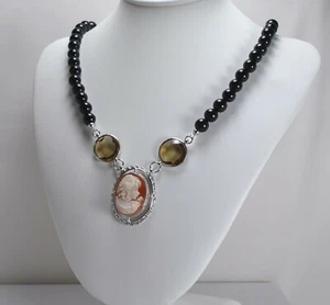 Collar Plata Camafeo Cornalina Ovalados Ónix Y Cuarzo Ahumado Redondo -agln 0143 - Imagen 1 de 3