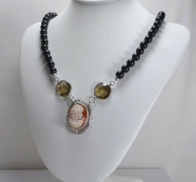COLLANA ARGENTO CAMMEO CORNIOLA OVALE  ONICE E QUARZO FUME'TONDO    -AGLN 0143 - - Immagine 1 di 3