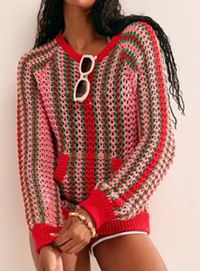 NEW FREE PEOPLE FP BEACH PINK GREEN RED DAYTON STRIPED PULLOVER SWEATER SZ XS - Picture 1 of 8