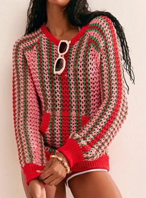 NEW FREE PEOPLE FP BEACH PINK GREEN RED DAYTON STRIPED PULLOVER SWEATER SMALL S - Image 1 of 4