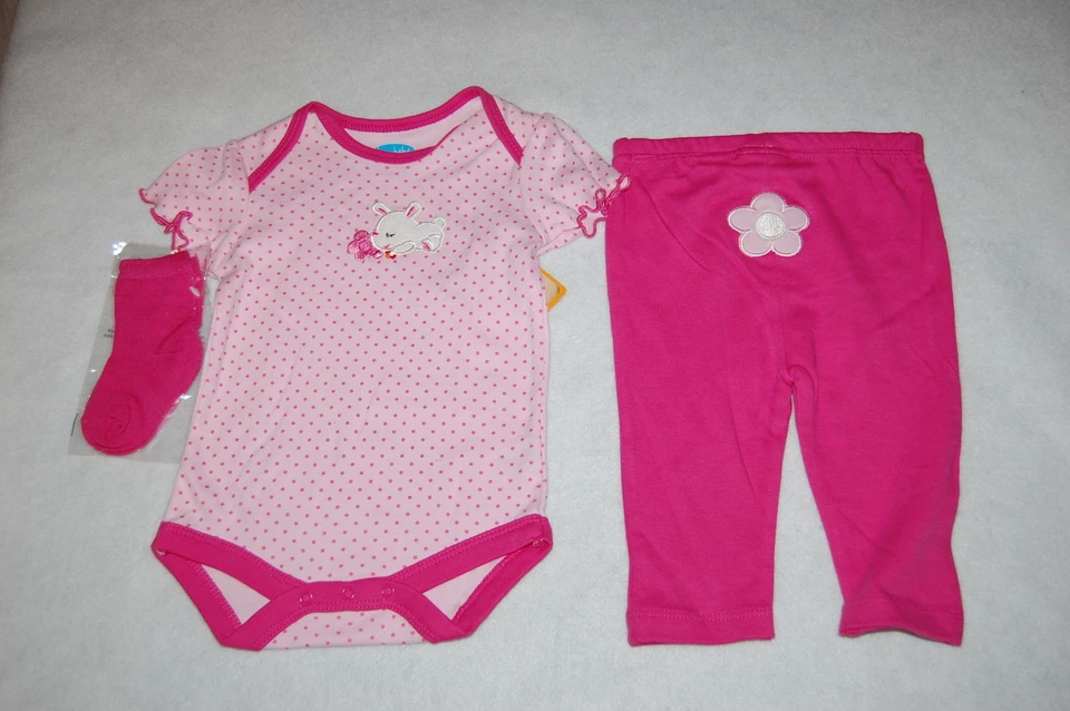 Toddler Girls 3 Piece Outfit JUMPSUIT Pants SOCKS Pink Polka Dot BUNNY 0-3 Mo - Image 1 of 1