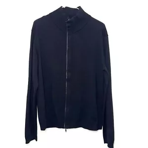 Z Zegna Classic 100% Wool Leather Trim Zip Up Cardigan Sweater - Black L - Picture 1 of 7