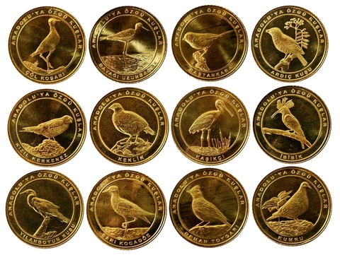 Turkey Anatolian Bird, 12 Pcs, SET, 1 Kurus 2021, UNC, Bronze Metal Coins Cover