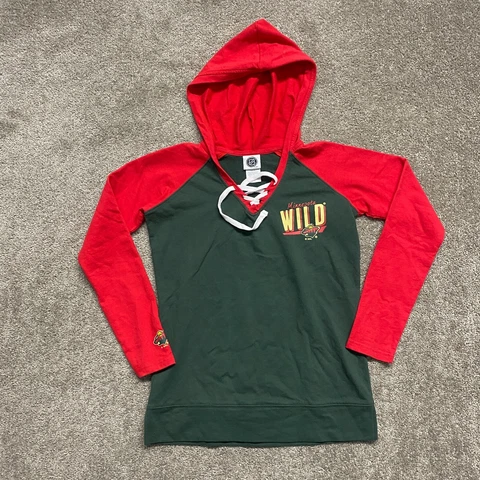 Minnesota Wild Sweater Womens Small Green Red Hoodie Shirt NHL Hockey Lace Neck Cover