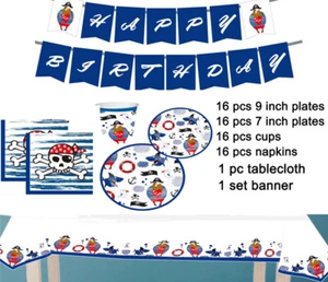 Birthday Theme Boys Kids Party Supplies Set Tableware 16 Person Pirate Decor Kit - Picture 1 of 15