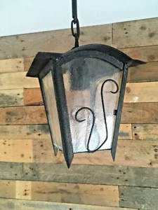 ANTIQUE FRENCH ART NOUVEAU IRON & GLASS HANGING PORCH LANTERN LAMP LIGHT GOTHIC - Picture 1 of 12