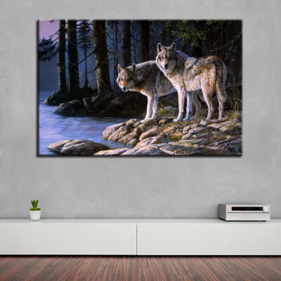 Forest River Animals Wolf Couple Canvas Prints Painting Wall Art Home Decor 1P - Image 1 of 4