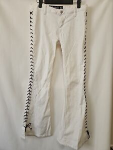 RARE Vintage Y2K Mudd Low Rise Hip Hugger Lace Up Flare Leg White Jeans Size 7