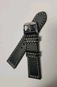 New OEM Glycine 23mm High Grade Black Leather Strap & Buckle, White stitching - Picture 1 of 10
