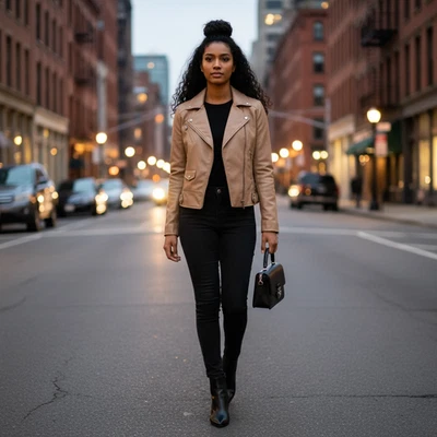 Jack Womens Large Tan Moto Jacket Faux Leather Short Motorcycle Zipper Tan - Image 1 of 3