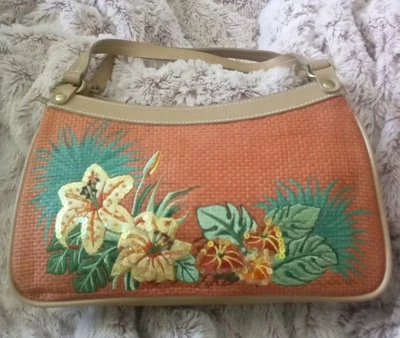 Etienne Aigner Bolso de Mano Tejido Bolso de Paja Cartera con Flores Lentejuelas Naranja Leer Foto 1 de 4