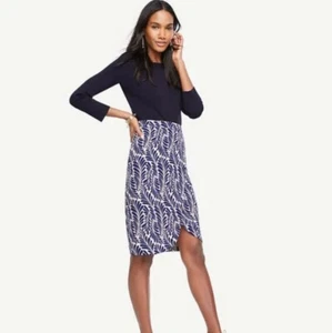 NEW ANN TAYLOR Size 6 Tall Leaf Petal Pencil Skirt Wrap Look Tan Blue Career - Picture 1 of 10