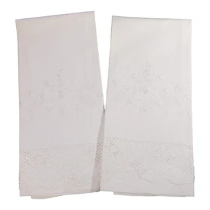 2 Vintage White Cotton Floral Embroidery Lace Edges Pillowcases One Pair - Picture 1 of 13
