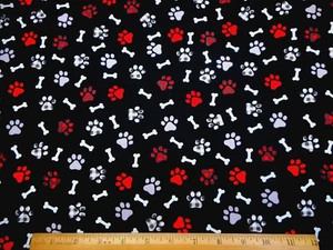 Dog Fabric By Half-Yard Red White Gray Paw Prints Bones on Black Premium Cotton - Picture 1 of 2