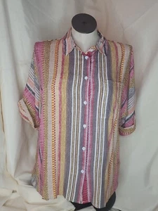 Women's Multicolor Stripped Short Sleeve Collared Neck Blouse Size M - Picture 1 of 6