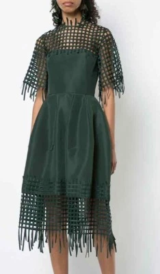 $5490 NEW Oscar de la Renta Net Panel MIDI Dress Deep Green SILK 0 2 4 XS S - Image 1 of 4