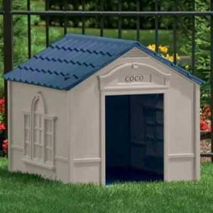 Dog House Outdoor Pet Weather Shelter Medium Large Breeds up to 100 lbs Tan Blue - Picture 1 of 4